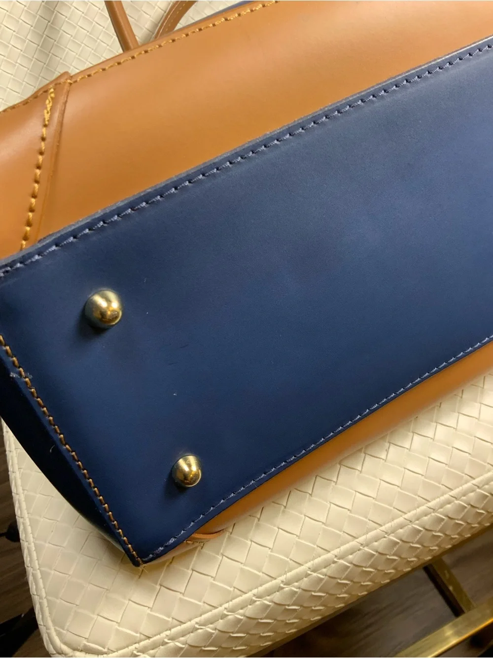 Chiara Ferretti Navy and Tan Leather Tote with Gold Hardware